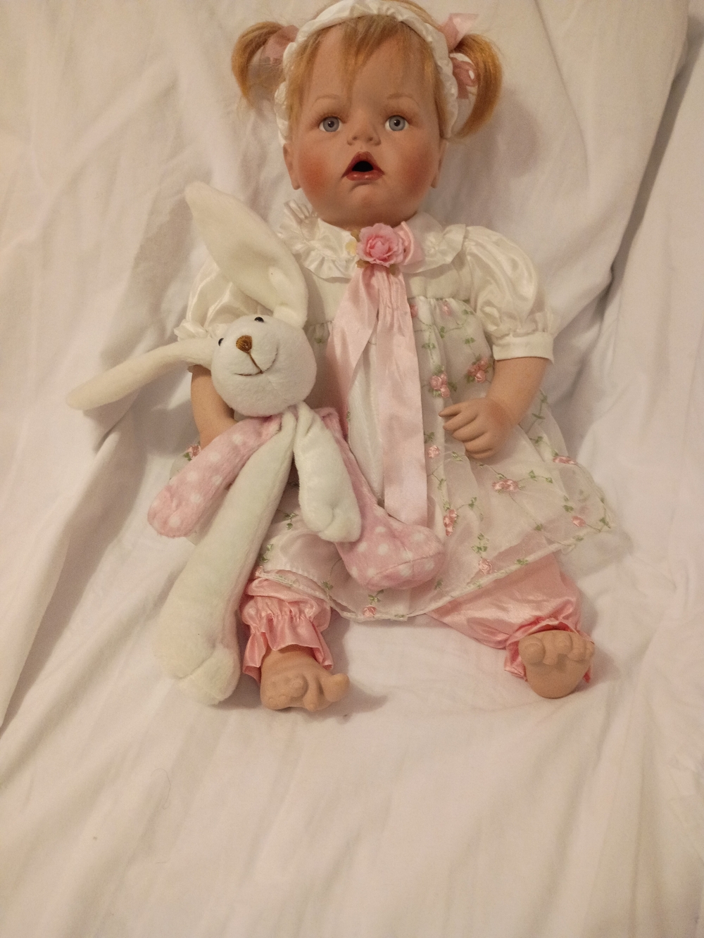 Pink Floral Baby Doll with White Plush Bunny - Soft Toddler Playset